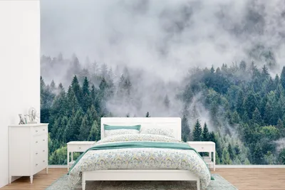 Produktbild von MuchoWow® Fototapete für Wohnzimmer oder Schlafzimmer Wandtapete Vinyl Motivtapete Wald - Nebel - Bäume - 600x400 cm - Vinyltapeten