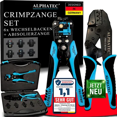 Produktbild von ALPHATEC® 8-teiliges Crimpzange Set mit Wechselbacken inkl. automatische Abisolierzange - [0,25-10mm²]  - Kabelschuhe, Aderendhülsen, MC4 PV Solar