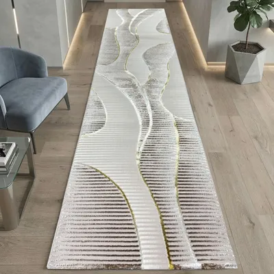 Produktbild von Kurzflorteppich Creme geschwungene Linien Glanzoptik weich pflegeleicht für Wohnzimmer Schlafzimmer Größe - 80 x 300 cm