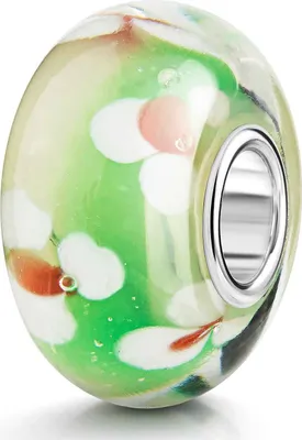 Produktbild von MATERIA by Matthias Wagner Glas Bead grün mit Blumen weiß Glas Anhänger für Beads Armband mit Silber Hülse 535