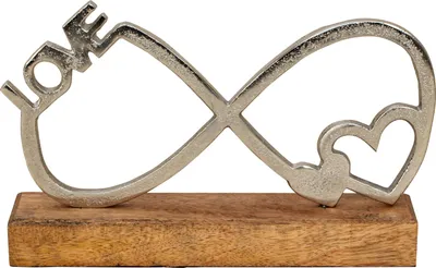 Produktbild von Moderne Skulptur Dekofigur Unendlichkeit aus Aluminium auf Sockel aus Mangoholz Silber/braun 24x15 cm
