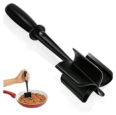 A black meat chopper is shown on a white background, with a smaller inset image showing a hand using the chopper in a frying pan with ground meat.