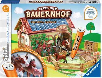 The image shows the packaging of a tiptoi farm playset, featuring a 3D farm building, animals, and an interactive pen.