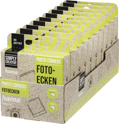 A display box filled with smaller boxes of photo corners.