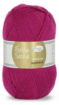 A ball of fuchsia-colored yarn with a label.