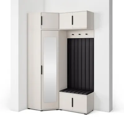 Produktbild von Garderoben-Set Napoli Version 23: Eckschrank mit Polsterpaneelen, Schuhschrank und Schrankaufsatz Flur und Eingangsbereich (Cashmere/Trinity 16)