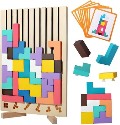 Image de Puzzle éducatif en bois pour enfants Jeux Montessori 3-6 ans Jeux intellectuels colorés Blocs de construction géométriques Cadeau pour enfants