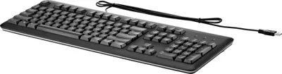 A black HP USB keyboard with a QWERTZ layout is shown from a diagonal angle against a white background.