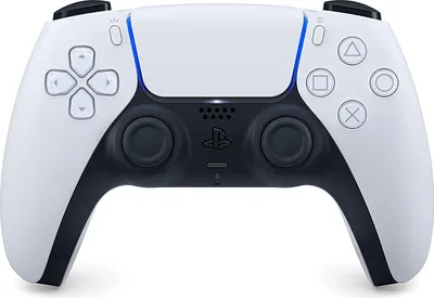 A white and black PlayStation 5 DualSense wireless controller is shown from the front on a white background.
