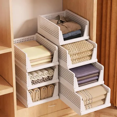 Image de Rangement pour armoire - Caisses à tiroirs pliables et empilables - En plastique - Réutilisables - Avec séparateurs - Lot de 4 - Pour vêtements - Blanc