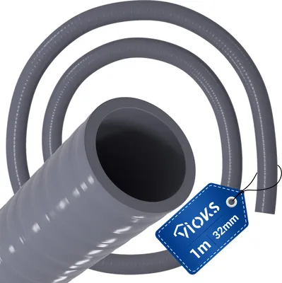 A coiled gray flexible hose with a blue tag attached.