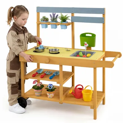 Immagine prodotto di COSTWAY, cucina da gioco per bambini da esterno, con piano cottura, accessori da cucina, lavello, serbatoio dell'acqua, rubinetto, cucina per bambole, 3 vasi, maniglie e 2 ruote
