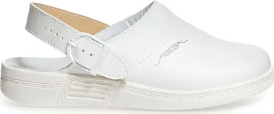 A white Abeba clog with a strap and buckle.