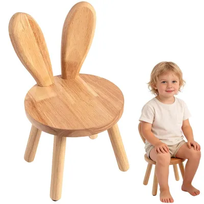 Kinderstuhl aus Massivholz mit Hasenohren, rutschfest, 42 cm hoch, braun