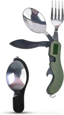 Obrázok produktu pre Kempingový príbor súprava 2 ks, 4 v 1, nehrdzavejúca oceľ, čierna a olivovo zelená, pre outdoor