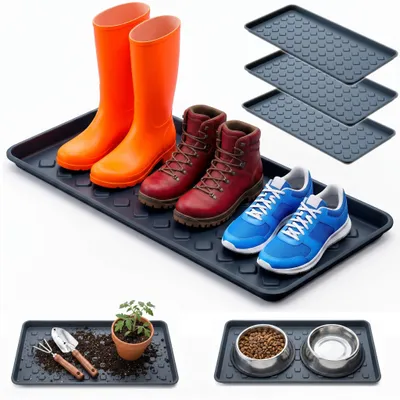 Productafbeelding van 3x schoenenrek van kunststof, vuilvanger, plastic bak, onderzetter, schoenenplank, schoenenbak, schoenenopvangbak, schoenenmat met verhoogde rand, afdruipbak, schaalonderzetter, 71,6 x 34,8 x 33 mm