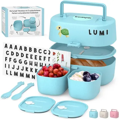 Produktbild von bumpli Brotdose Kinder mit Fächern inkl. Namensticker BPA-Frei - Bento-Box, Farbe:blau