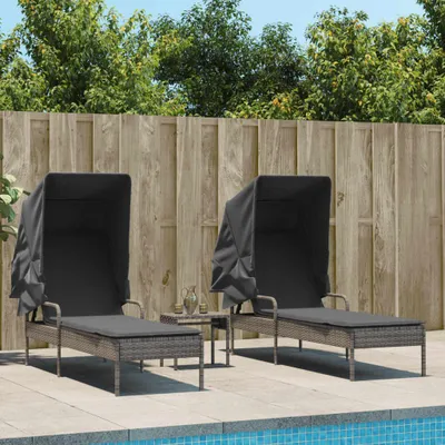 Image de Bain de soleil 2 places avec toit et table Gris Poly Rattan