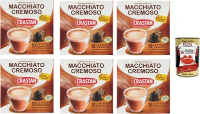 Produktbild von Crastan, 60 Kapseln, 6 Kisten aus 10 Kapseln Macchiato e cremoso Geschmack, Kapseln, die mit süßem Geschmack kompatibel sind, um zu süßen zu schmecken + Italian Gourmet polpa 400g