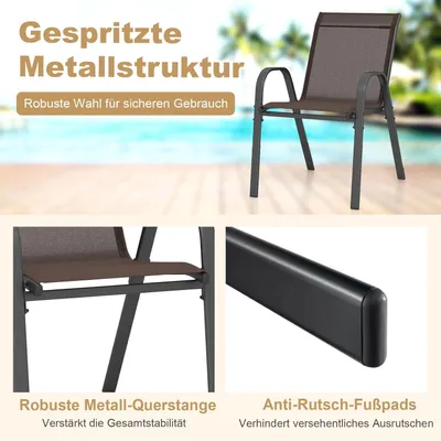 Productafbeelding van Set van 4 stapelbare tuinstoelen met armleuningen, van metaal en textiel, geschikt tot 150 kg, ideaal voor op het balkon