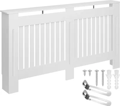 A white radiator cover with attached hardware.