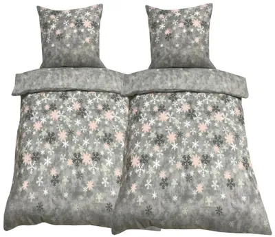 Produktbild von 4 tlg Winter Bettwäsche 135x200 Thermo Fleece grau rosa Schneeflocken Kristall