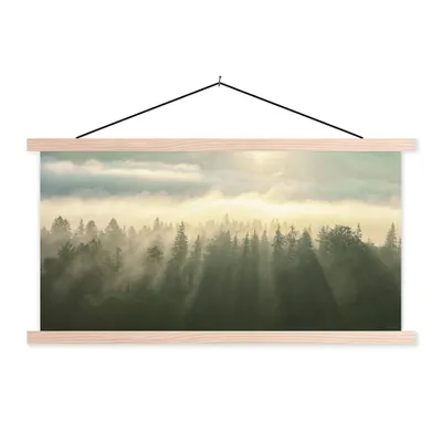Obrázek produktu pro MuchoWow® Textilní plakát - Les - Mlha - Slunce - 90x45cm - S hnědými lamelami