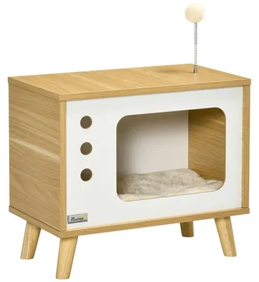 Zdjęcie produktu dla Kocimi dom do telewizora z poduszką | Kolor: dąb/beż/biały | Wymiary: 50x28x43 cm