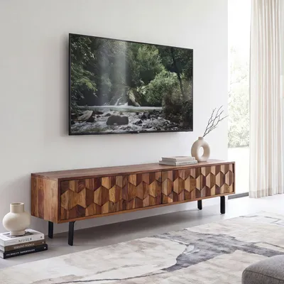 Zdjęcie produktu dla FineBuy Lowboard z litego drewna sheesham, 160 cm, szafka pod telewizor z frontami 3D, 4 drzwiami, przepustem na kable i metalowymi nogami, czarna designerska szafka pod telewizor do salonu