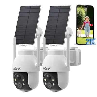 Produktbild von ieGeek 2K Solar Überwachungskamera Aussen Akku Kamera Outdoor mit 360°Überwachung Automatischer Personenverfolgung Farbe Nachtsicht Lichtalarm 2PC