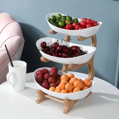 Obrázek produktu pro Stojan na ovoce – etážér/mísa na ovoce – dvě nebo tři patra – oválný – plast – úspora místa – stříbrný