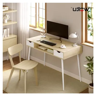 Produktbild von Schreibtisch mit zwei Schubladen und Ablagefach - Weiß 120x58x75cm in Eichenoptik für das Wohnzimmer - Stahlgestell