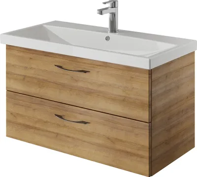 Produktbild von Bad Waschtisch, 90cm, in Riviera Eiche Nb. mit Keramik Waschbecken VILLATORO-66, B/H/T ca. 90/53,2/45 cm