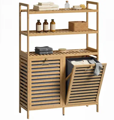 Produktbild von Bambus Wäscheschrank fürs Bad - Badregal mit Wäschekorb - 2 kippbare Wäschekörbe 38,7 l - 3 Ablagen - Standmodell - 80x30x118 cm - Braun Eiche