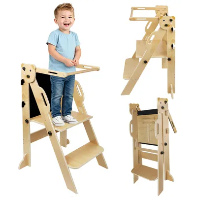 Produktbild von Lernturm mit Tafel für Kinder,Faltbarer Learning Tower aus Holz,Montessori Entdeckerturm Stehhilfe Küchenhelfer Tritthocker für Küche/Arbeitsplatte