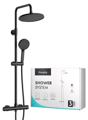 Immagine prodotto di Set completo per sistema doccia termostatico, colore nero, include miscelatore e soffione regolabile in altezza da 100 a 120 cm