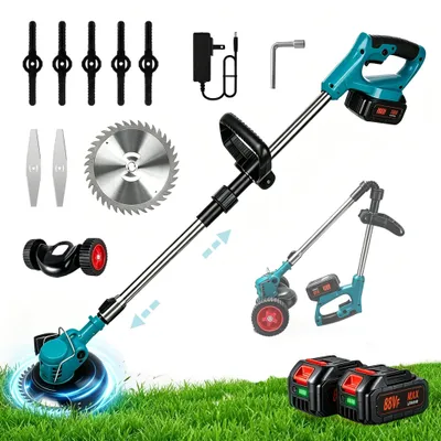 Produktbild von Akku-Rasentrimmer mit 2 Batterien, Freischneider, Motorsense, mit Akku und Ladegerät, Teleskop-Stiel & Zusatzhandgriff, Mit Rädern schiebbar