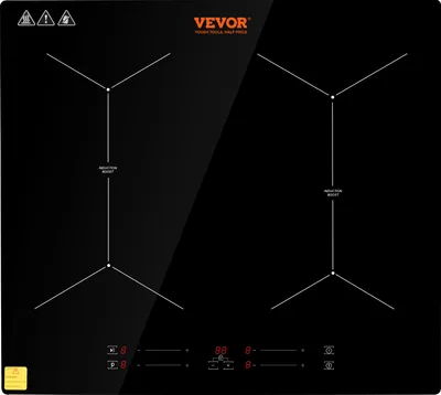 A studio shot of a black VEVOR induction cooktop with two heating zones.