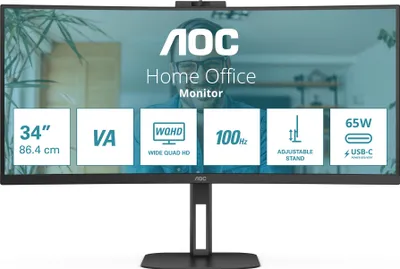 Produktbild von AOC V5 CU34V5CW, 86,4 cm (34"), 3440 x 1440 Pixel, Wide Quad HD, LED, 4 ms, Schwarz