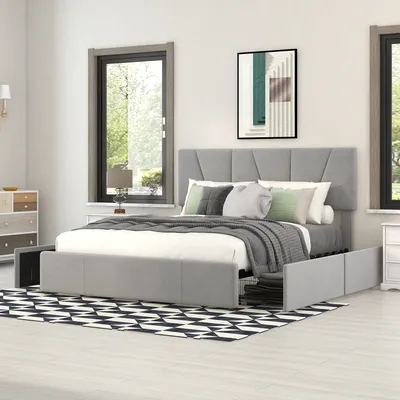 A bedroom scene with a bed, dresser, and windows.