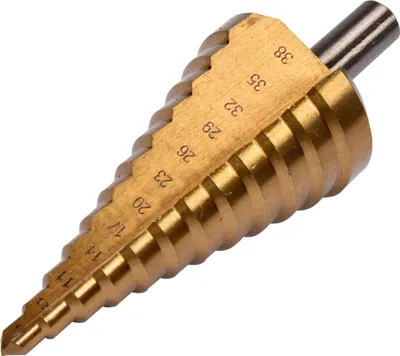 A close-up studio shot of a single step drill bit.