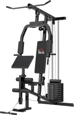 Produktbild von Kraftstation für Zuhause Fitnessstation mit Latzuggerät, Kabelzug, kurzer Bizepsstange, Brustpresse, Beintrainer, Butterfly-Maschine 45kg Gewichten Multifunktion Fitnessstation Schwarz