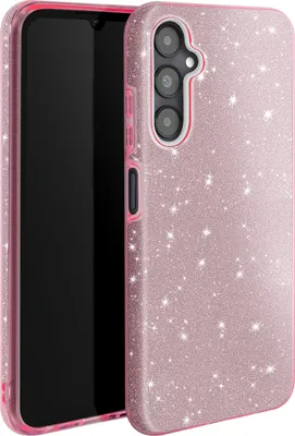 A pink glittery phone case is shown with a phone inside.
