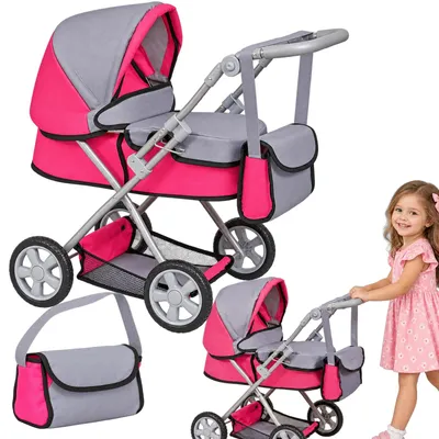 Produktbild von Puppenwagen Puppenbuggy Puppenkinderwagen mit Tragetasche faltbar verstellbarer Griff Gondel für Puppen bis 50 cm Rosa Grau