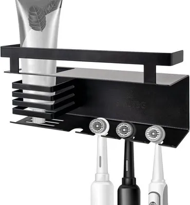 Image de Support électrique pour brosse à dents en acier inoxydable, noir, sans perçage, pour brosse à dents manuelle et dentifrice