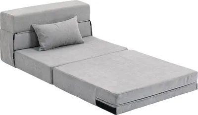 Zdjęcie produktu dla Sofa podłogowa, tapicerowana kanapa, z możliwością przekształcenia w materac, pianka, poduszki, jasnoszary
