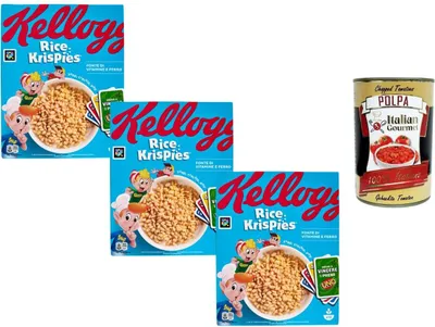 Produktbild von Rice Krispies Frühstückscerealien 3x360g knuspriger Puffreis mit Vitaminen und Eisen Familienpackung für Kinder und Erwachsene + Italian Gourmet polpa