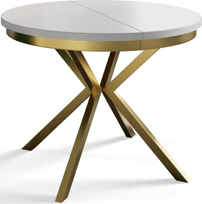 Obrázek produktu pro Kulatý jídelní stůl BERG, průměr rozkládacího stolu: 100 cm/180 cm, barva stolu v obývacím pokoji: bílá, s kovovými nohami ve zlaté barvě