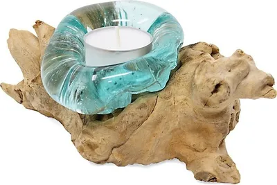 Produktbild von Liqva Teelicht, Wurzelholz Designer-Licht, Gamal S, Teakholz-Teelicht, Dekoglas auf Holz, Wurzelholz Glaslicht, Liqva Tealight Holder, Liqva Teelicht, Root Molten Tealight Holder