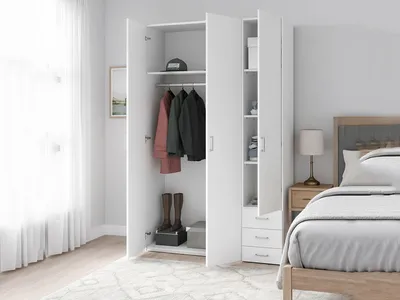 Produktbild von Kleiderschrank mit drei Türen und drei Schubladen, Farbe Weiß, Maße 115 x 200 x 49 cm